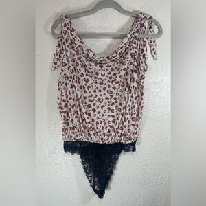 Free People Cheetah Print Body Suit Women’s Large Tie Adjustable Strappy Sleeves